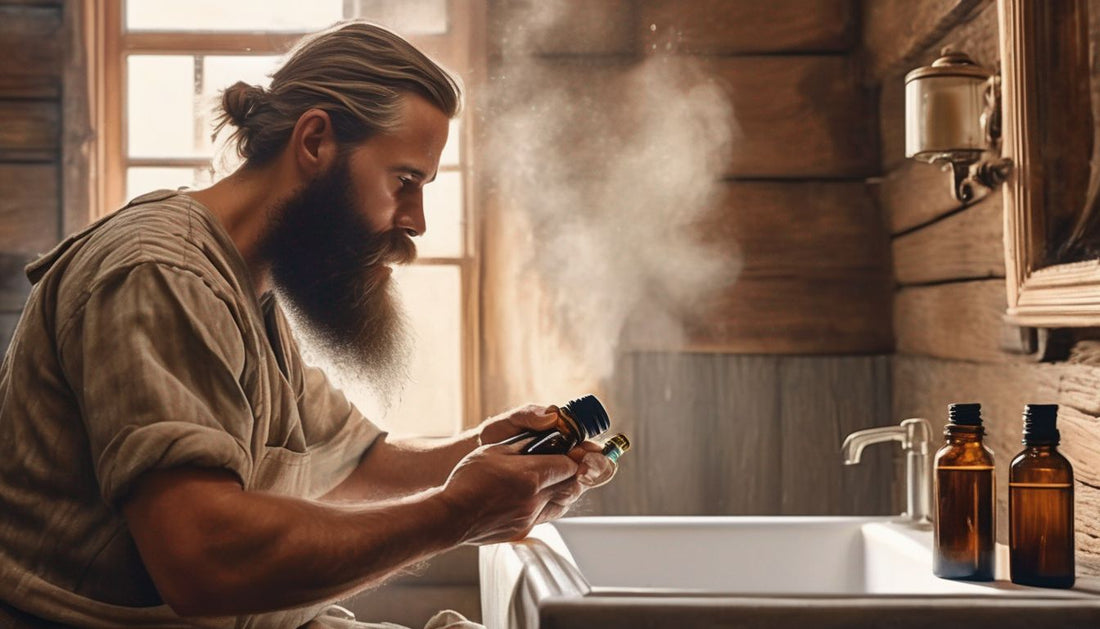 man applying beard oil in a rustic bathroom