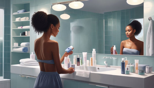 woman examining skincare products in a modern bathroom