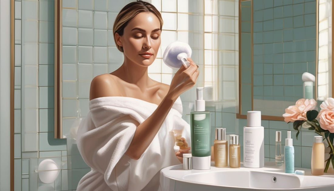 woman applying skincare products in a bathroom