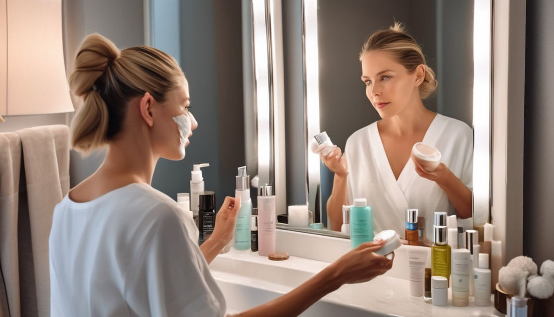 woman applying skincare products in front of a mirror