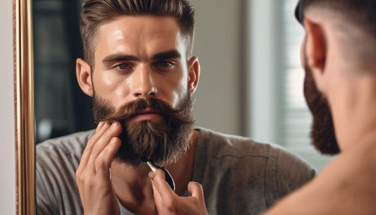 man applying beard oil in front of mirror