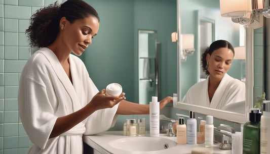 woman applying skincare products in bathroom