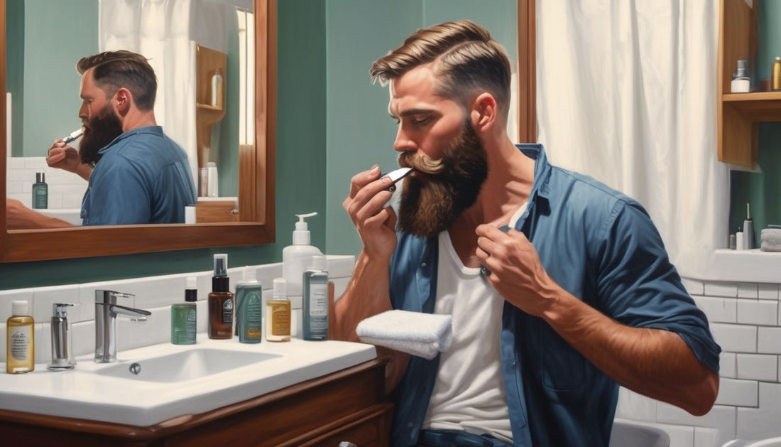 man applying beard oil in bathroom