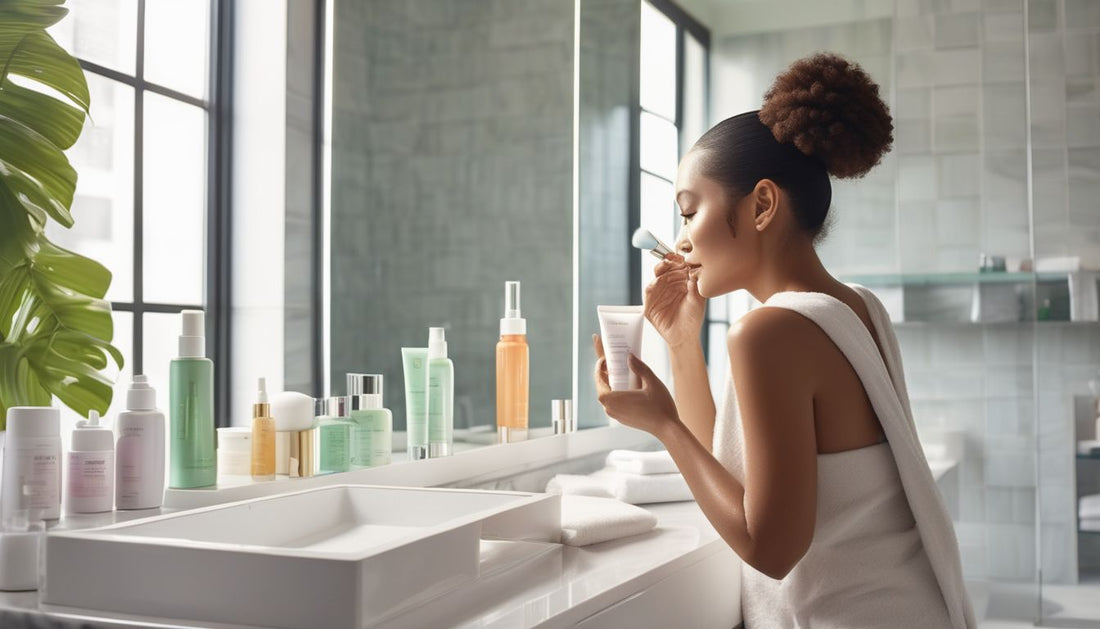 woman applying skincare products in a bright, modern bathroom