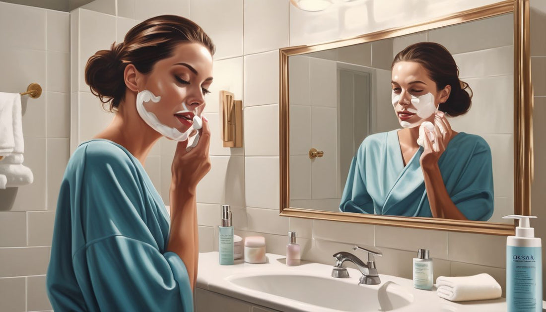 woman applying facial cream in bathroom