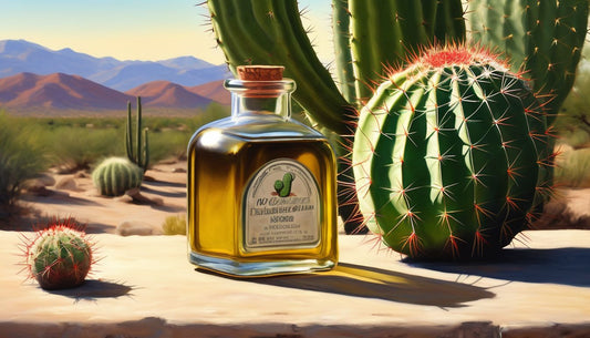 cactus fig oil in glass bottle with desert background