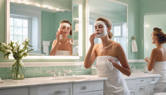 woman applying facial cream in a bright, airy bathroom