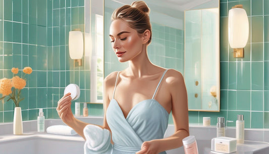 woman applying skincare products in a bright bathroom