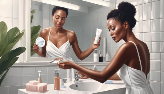 woman applying skincare products in bathroom