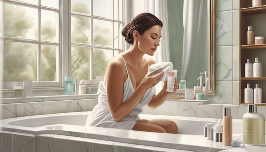 woman applying skincare products in a serene bathroom