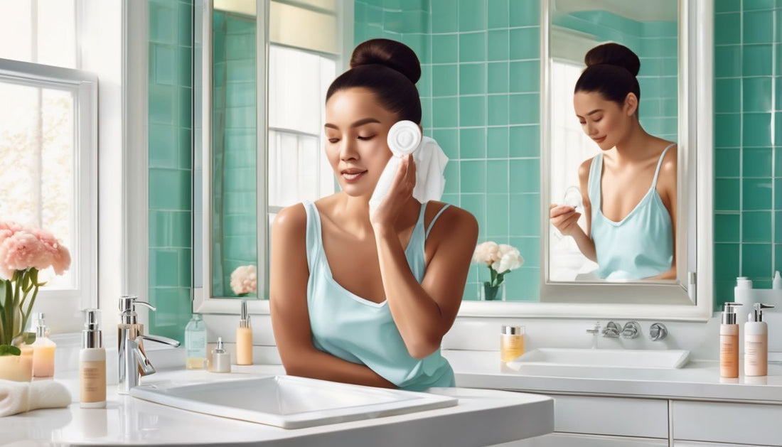 woman applying skincare products in a bright bathroom