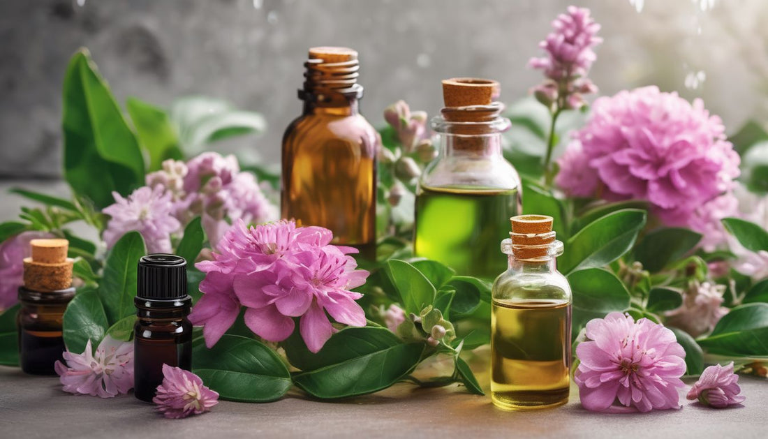 aromatherapy essential oils with plants and flowers