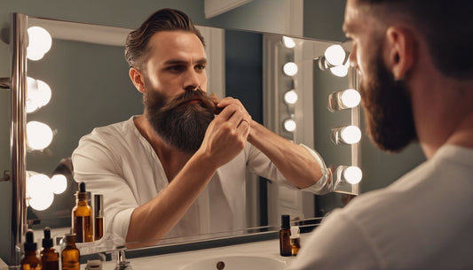 man applying beard oil in front of mirror