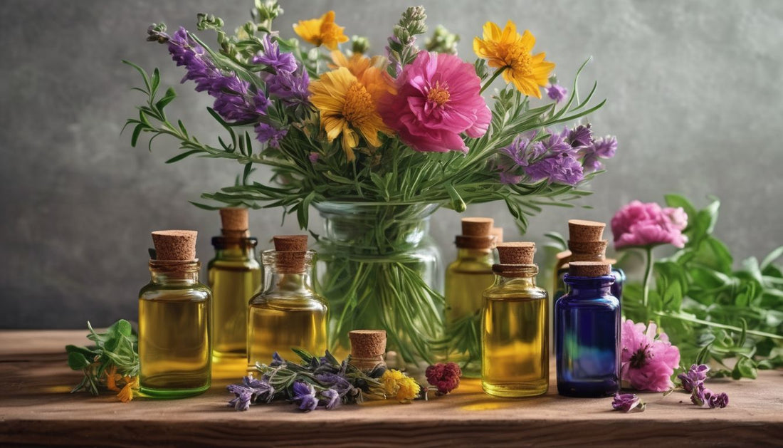 bottles of essential oils with flowers and herbs