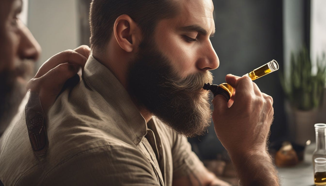 man with a healthy beard applying beard oil