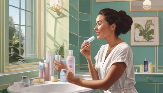 woman applying skincare products in a bathroom