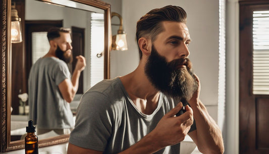 man applying beard oil in front of mirror