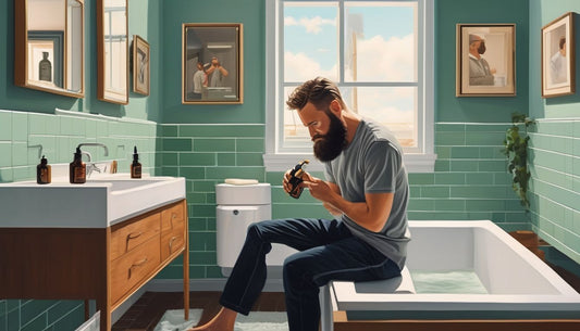 man applying beard oil in a modern bathroom