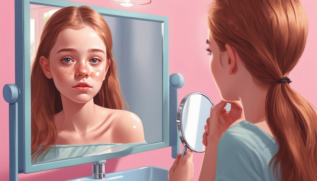 teenager looking at mirror skincare problems