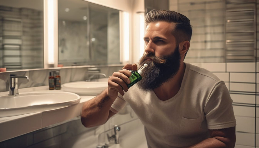 man grooming beard with oil in a modern bathroom