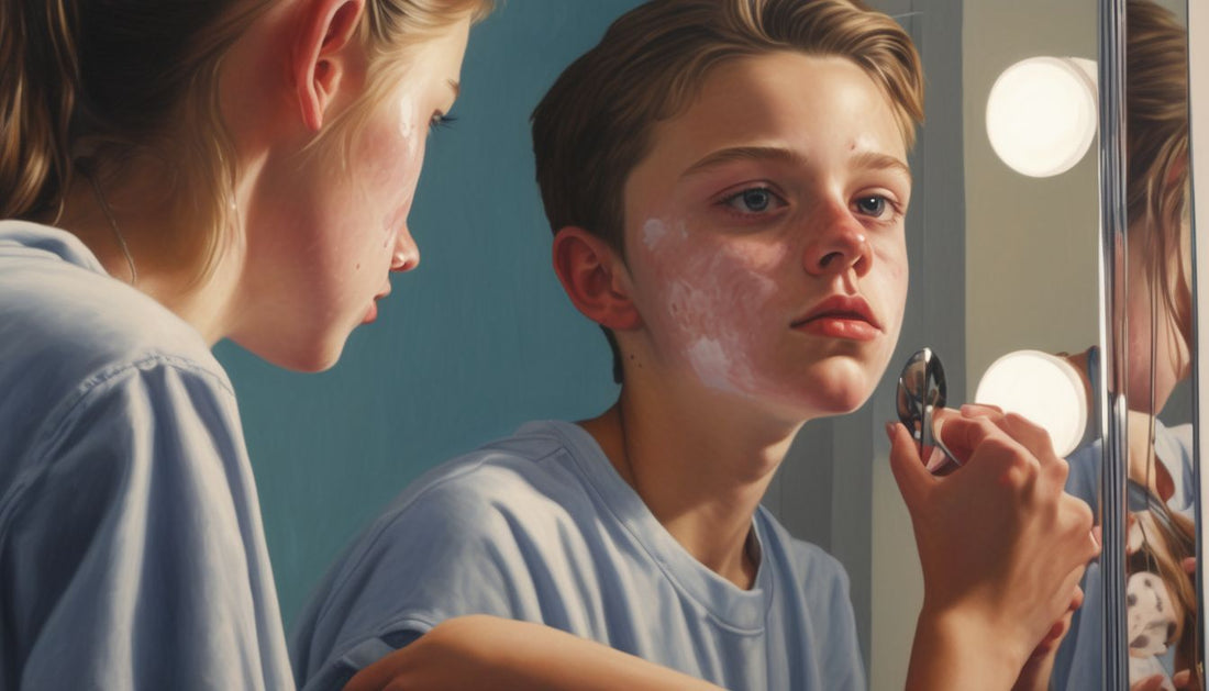 teenager looking at mirror examining skin