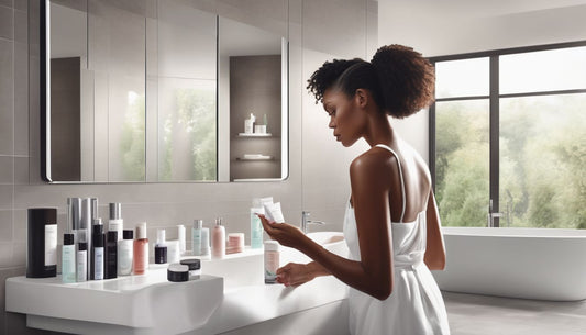 woman examining skincare products in a modern bathroom