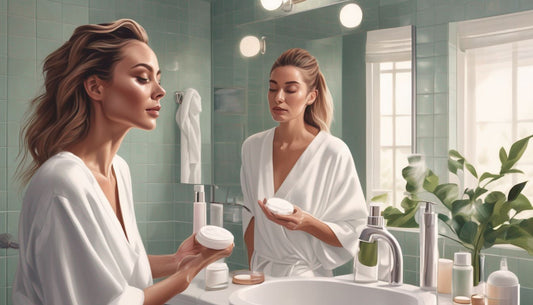 woman applying skincare products in a serene bathroom