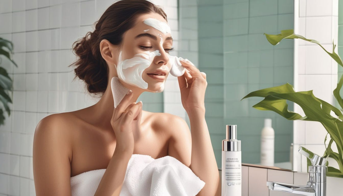 woman applying skincare products in a bright bathroom