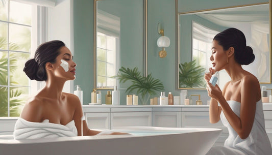 woman applying skincare products in a serene bathroom