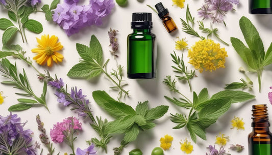 essential oils assortment with herbs and flowers