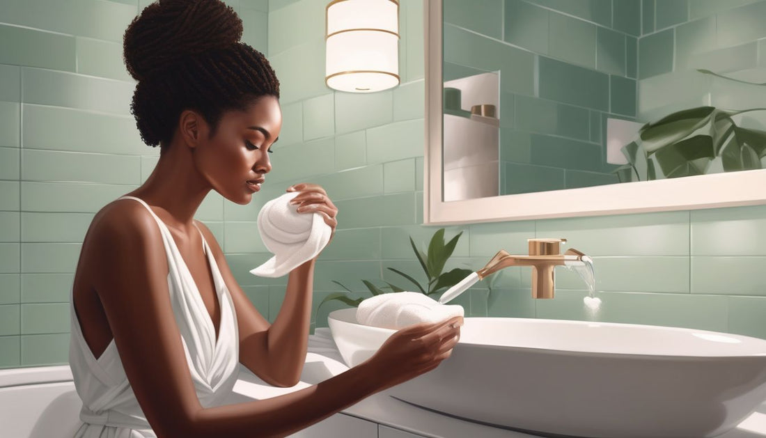 woman applying skincare products in a serene bathroom
