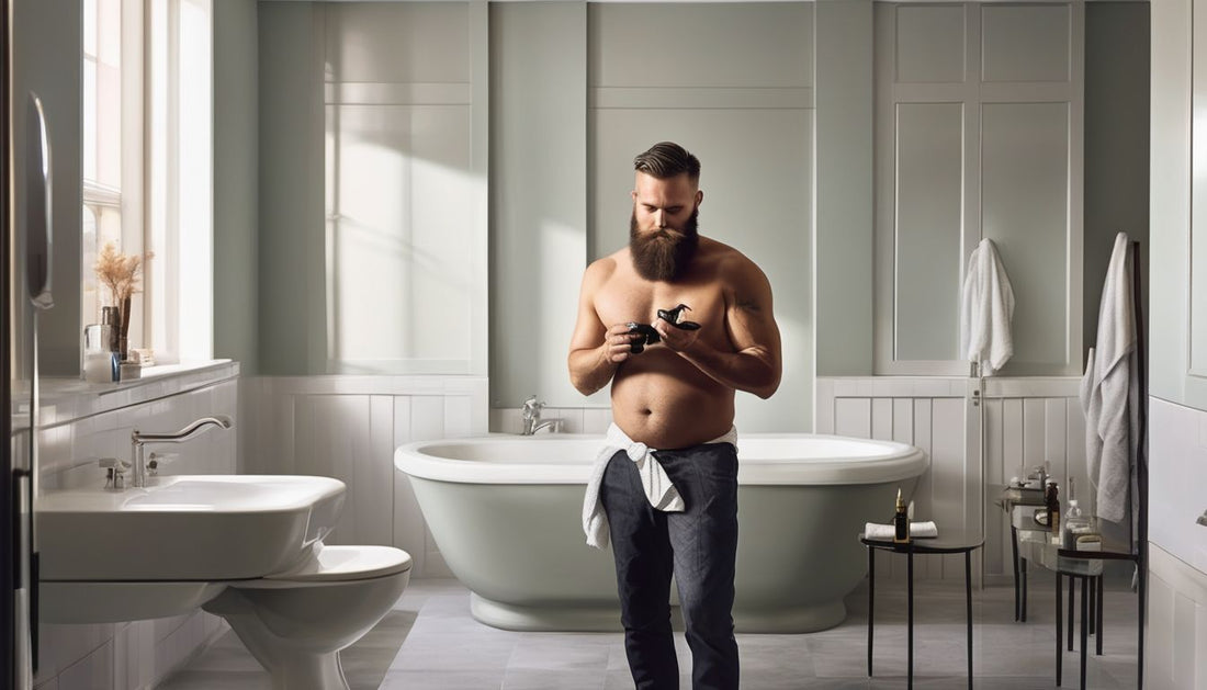 man applying beard oil in a modern bathroom