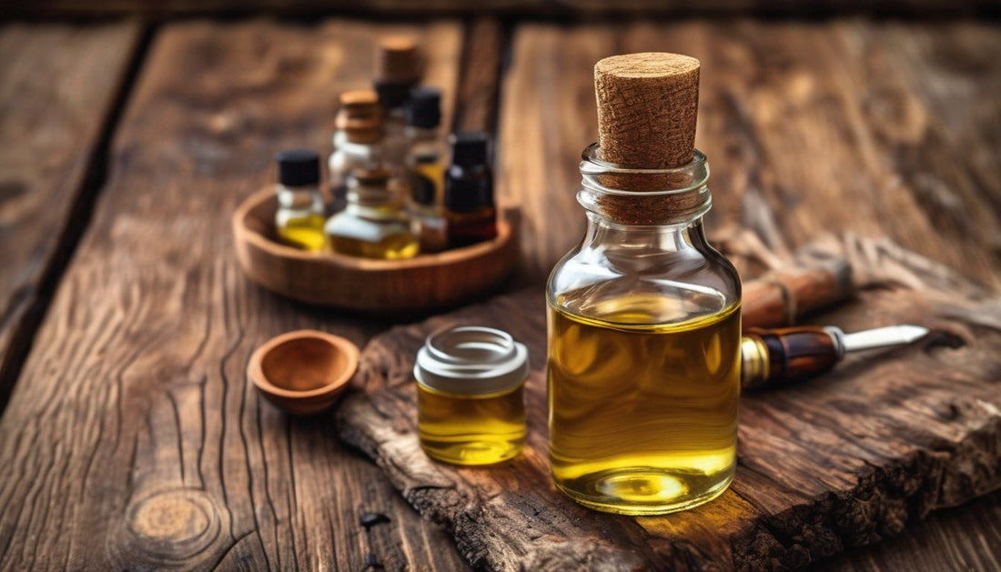 beard oil on a rustic wooden table