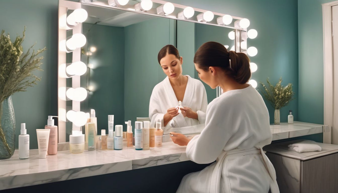 woman applying skincare products in front of a mirror