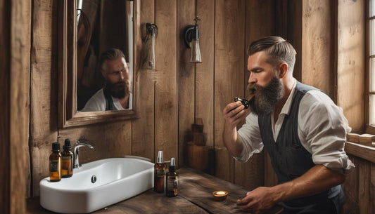 man applying beard oil in a rustic bathroom