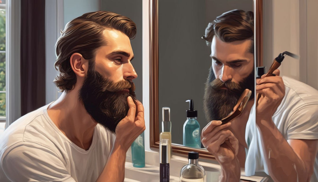 man applying beard oil in front of mirror