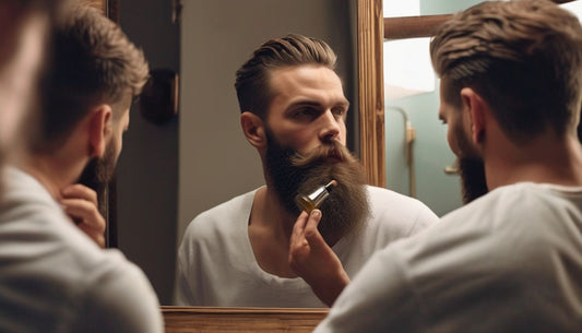 man applying beard oil in front of mirror