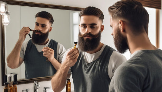 man applying beard oil in front of mirror