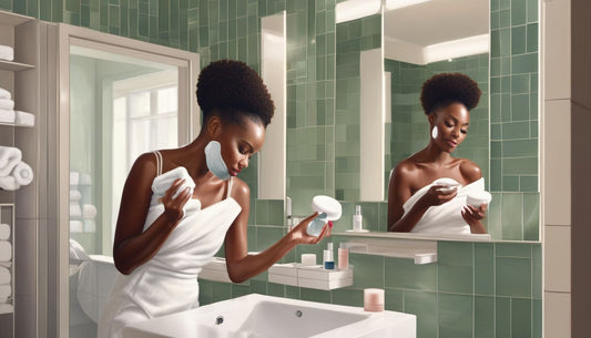 woman applying skincare products in bathroom