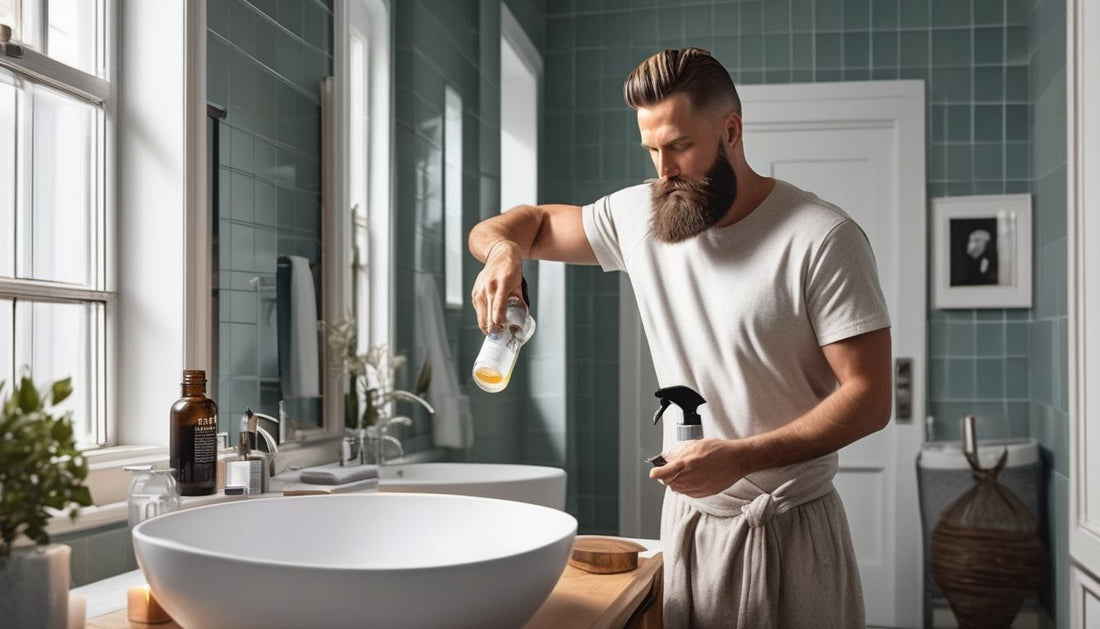 man applying beard oil in a modern bathroom